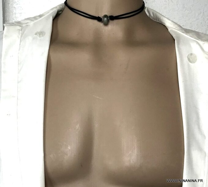 N6909c Collier Labradorite homme cordon cuir noir réglable - Bijoux Colliers en ligne Ninanina