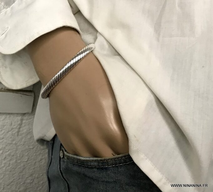 N6912C Bracelet jonc epais homme argent plaqué ouvert maille tresse - Bijoux Bracelets en ligne Ninanina