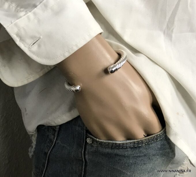 N6912E Bracelet jonc epais homme argent plaqué ouvert maille tresse - Bijoux Bracelets en ligne Ninanina