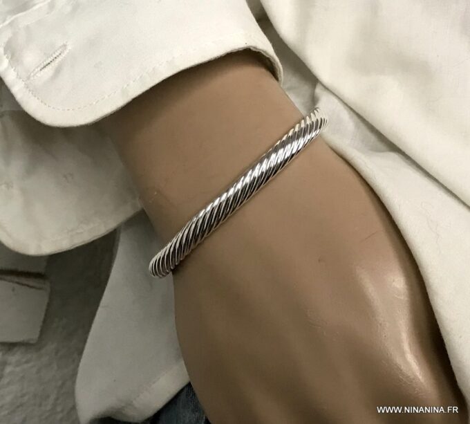 N6912G Bracelet jonc epais homme argent plaqué ouvert maille tresse - Bijoux Bracelets en ligne Ninanina