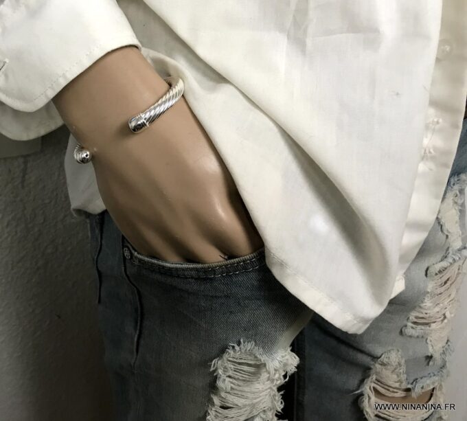 N6912I Bracelet jonc epais homme argent plaqué ouvert maille tresse - Bijoux Bracelets en ligne Ninanina