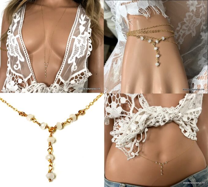 N6916 Longue chaine plaqué or - sautoir pierre de lune - Bijoux Colliers en ligne Ninanina