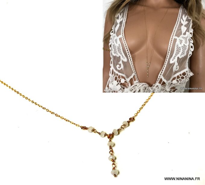 N6916a Longue chaine plaqué or - sautoir pierre de lune - Bijoux Colliers en ligne Ninanina