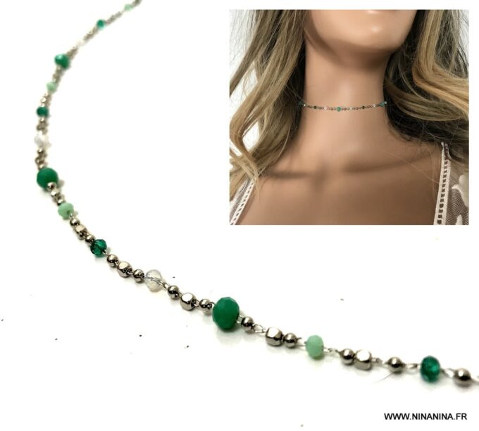 N6919a Collier perles vertes ras de cou acier inoxydable argent - Bijoux Colliers en ligne Ninanina