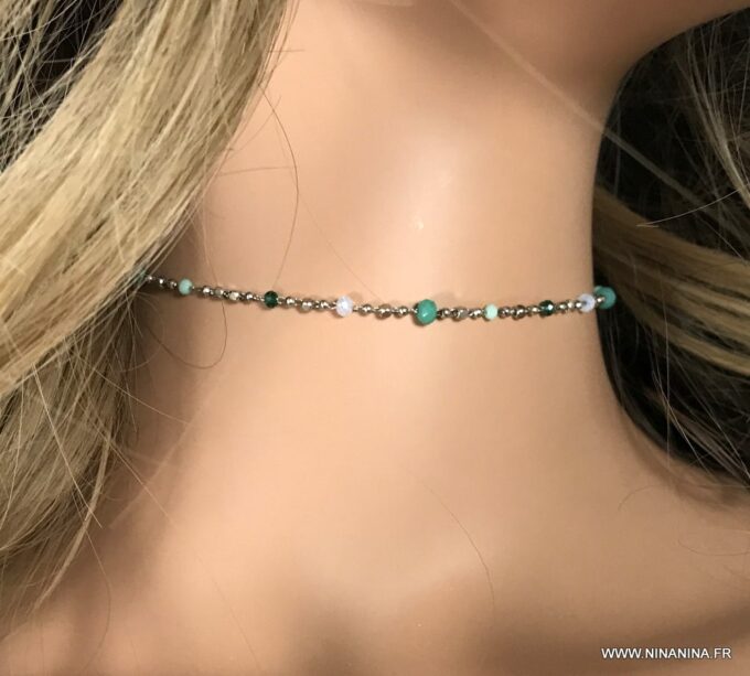 N6919c Collier perles vertes ras de cou acier inoxydable argent - Bijoux Colliers en ligne Ninanina