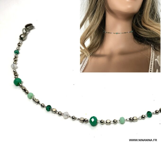 N6919d Collier perles vertes ras de cou acier inoxydable argent - Bijoux Colliers en ligne Ninanina