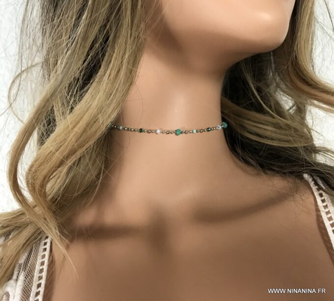N6919e Collier perles vertes ras de cou acier inoxydable argent - Bijoux Colliers en ligne Ninanina