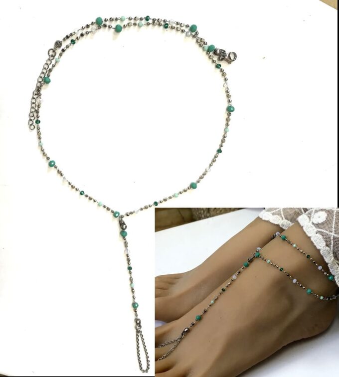 N6922a Bracelet perles vertes et acier inoxydable argent pour le pied - Bijoux Bracelets en ligne Ninanina