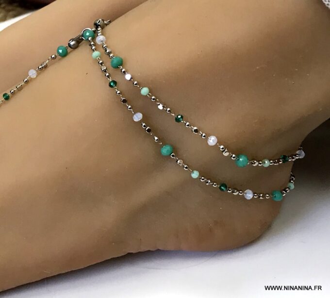 N6922b Bracelet perles vertes et acier inoxydable argent pour le pied - Bijoux Bracelets en ligne Ninanina