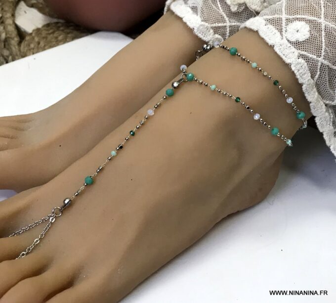 N6922c Bracelet perles vertes et acier inoxydable argent pour le pied - Bijoux Bracelets en ligne Ninanina