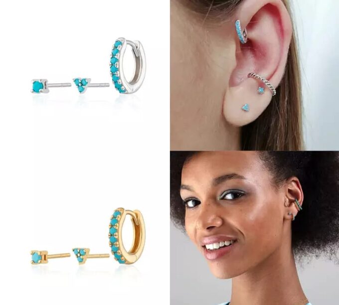 N6930 Ensemble boucles d'oreilles 3 trous argent et zircon bleu - Bijoux Boucles d'oreilles en ligne Ninanina