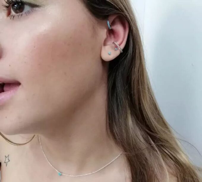 N6930b Ensemble boucles d'oreilles 3 trous argent et zircon bleu - Bijoux Boucles d'oreilles en ligne Ninanina