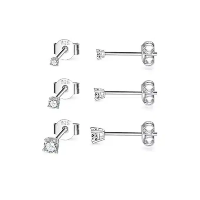 N6932 Boucle d'oreille puce zirconium blanc argent lot de 3 - Bijoux d'oreille en ligne Ninanina