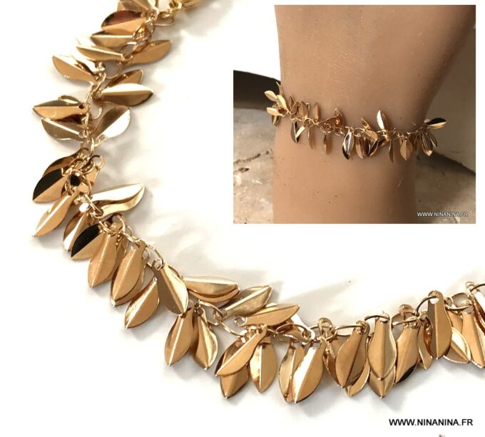 N6950a Bracelet feuilles plaqué or femme style boheme chic - Bijoux Bracelets en ligne Ninanina