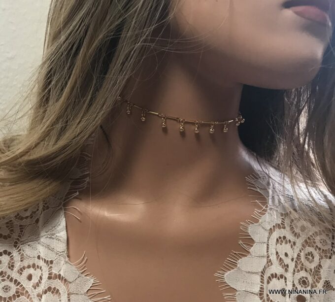 N6951b Collier ras de cou perle femme doré plaqué or - Bijoux Colliers en ligne Ninanina