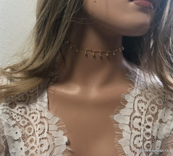 N6951d Collier ras de cou perle femme doré plaqué or - Bijoux Colliers en ligne Ninanina