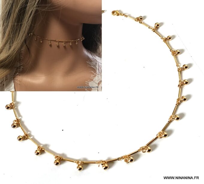 N6951f Collier ras de cou perle femme doré plaqué or - Bijoux Colliers en ligne Ninanina