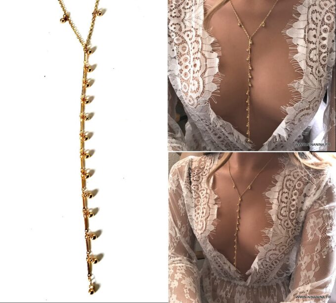 N6953c Collier cravate perle plaqué or - colliers Y femme - Bijoux Colliers en ligne Ninanina