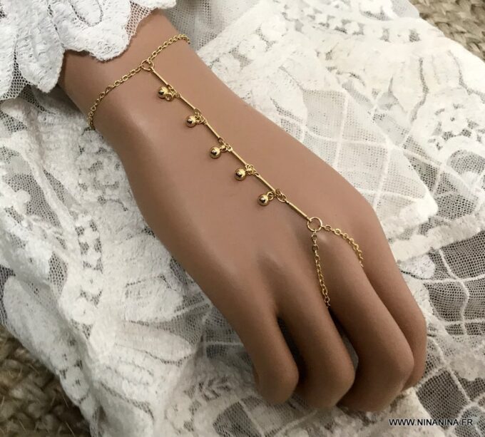 N6954c Bracelet harnais de main bague chaine plaqué or - Bijoux Bracelets en ligne Ninanina