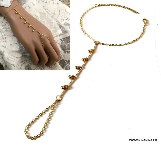 N6954d Bracelet harnais de main bague chaine plaqué or - Bijoux Bracelets en ligne Ninanina