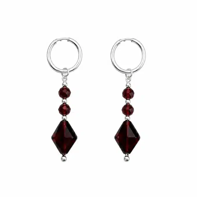 N6955a Boucles d'oreilles grenat argent 925 - creoles pendentif losange rouge – Bijou boucle d’oreille femme en ligne Ninanina