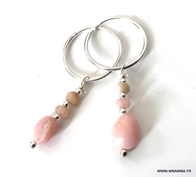 N6956 Boucles d oreilles opale rose argent créoles ou pendantes - Bijou boucle d oreille en ligne Ninanina