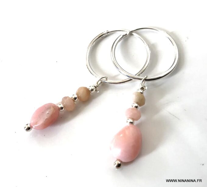 N6956f Boucles d oreilles opale rose argent créoles ou pendantes - Bijou boucle d oreille en ligne Ninanina