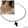 N6972a Collier ras de cou croix femme pierre fine pyrite noir - Bijoux colliers en ligne Ninanina