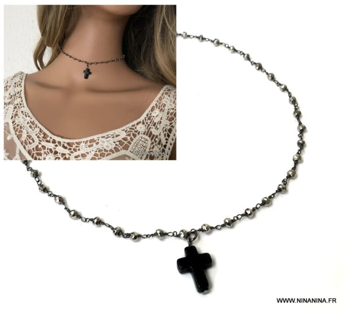 N6972a Collier ras de cou croix femme pierre fine pyrite noir - Bijoux colliers en ligne Ninanina