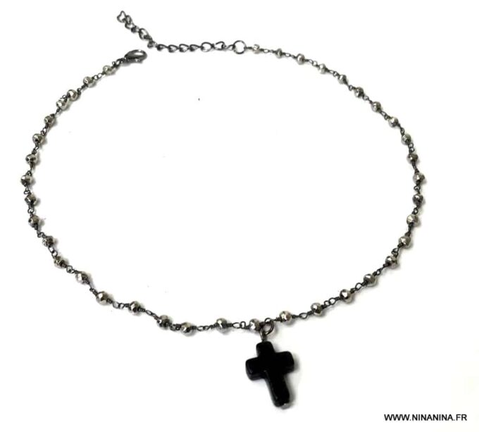 N6972e Collier ras de cou croix femme pierre fine pyrite noir - Bijoux colliers en ligne Ninanina