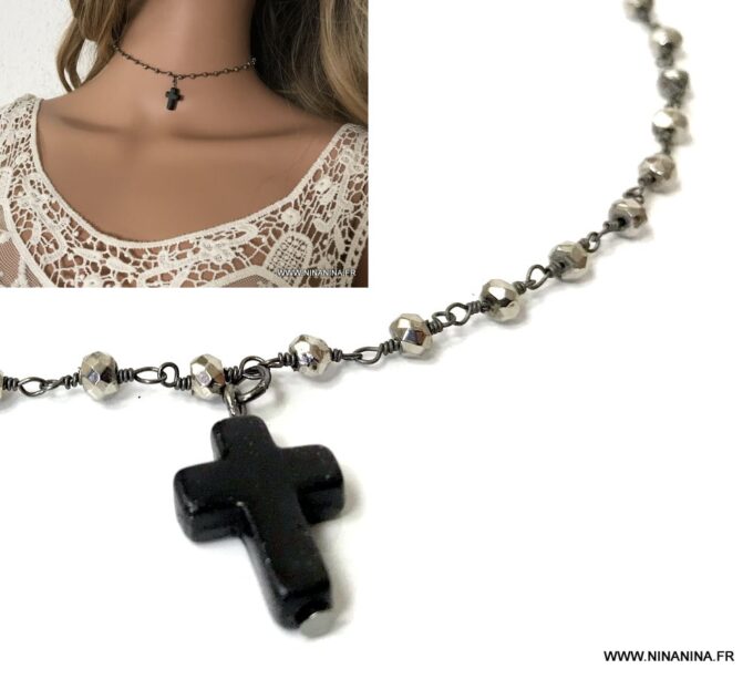 N6972f Collier ras de cou croix femme pierre fine pyrite noir - Bijoux colliers en ligne Ninanina