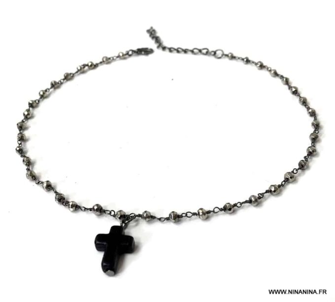 N6972g Collier ras de cou croix femme pierre fine pyrite noir - Bijoux colliers en ligne Ninanina