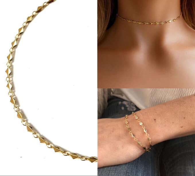 N6975c Ras du cou en or plaqué - collier femme losange doré artisanal - Bijoux Colliers femmes en ligne Ninanina
