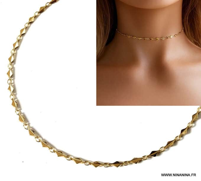 N6975d Ras du cou en or plaqué - collier femme losange doré artisanal - Bijoux Colliers femmes en ligne Ninanina