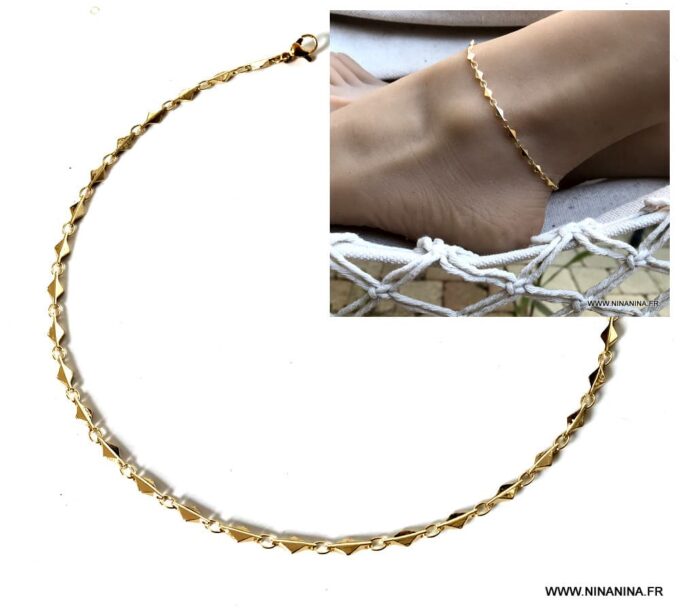 Zoom sur la chaine du Bracelet de cheville or plaqué femme – chaine losange doré de Ninanina