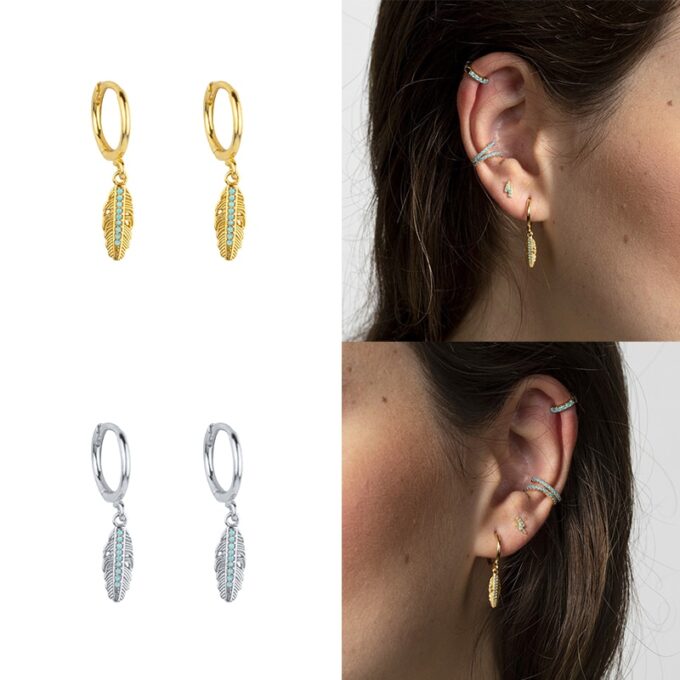 N6980a Boucles d oreilles mini creoles plume argent 925 zirconium - Bijou Boucle d'oreille en ligne Ninanina