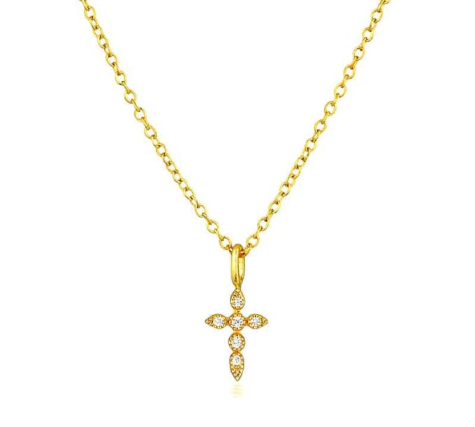 N6981 Pendentif croix zirconium blanc chaine argent 925 plaqué or - Bijoux Colliers en ligne Ninanina