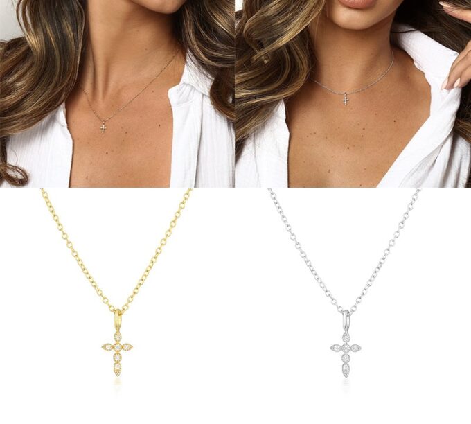 N6981b Pendentif croix zirconium blanc chaine argent 925 plaqué or - Bijoux Colliers en ligne Ninanina