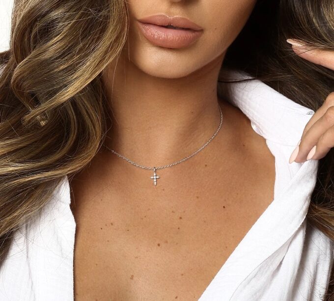 N6982e Pendentif croix argent zirconium blanc - chaine femme - Bijoux Colliers en ligne Ninanina