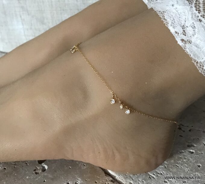 N6983c chaine de cheville oxyde de zirconium blanc argent 925 plaqué or femme - Bijoux Chaines en ligne Ninanina