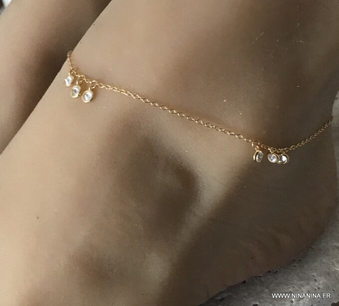 N6983e chaine de cheville oxyde de zirconium blanc argent 925 plaqué or femme - Bijoux Chaines en ligne Ninanina