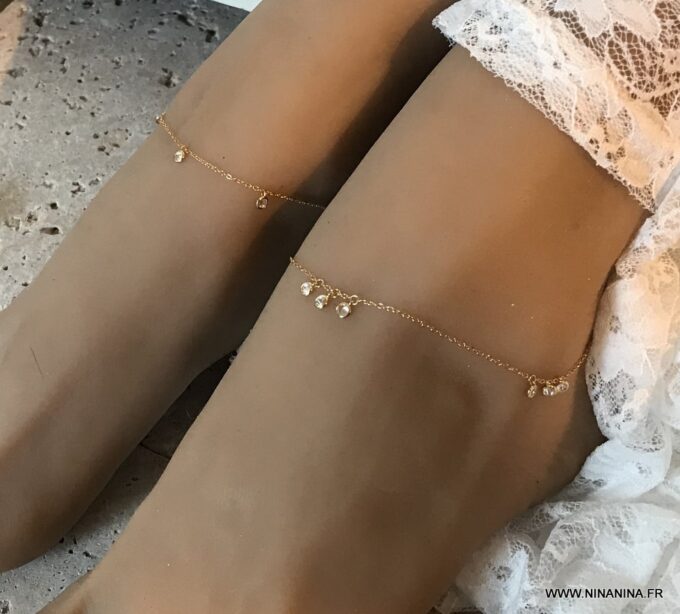 N6983f chaine de cheville oxyde de zirconium blanc argent 925 plaqué or femme - Bijoux Chaines en ligne Ninanina
