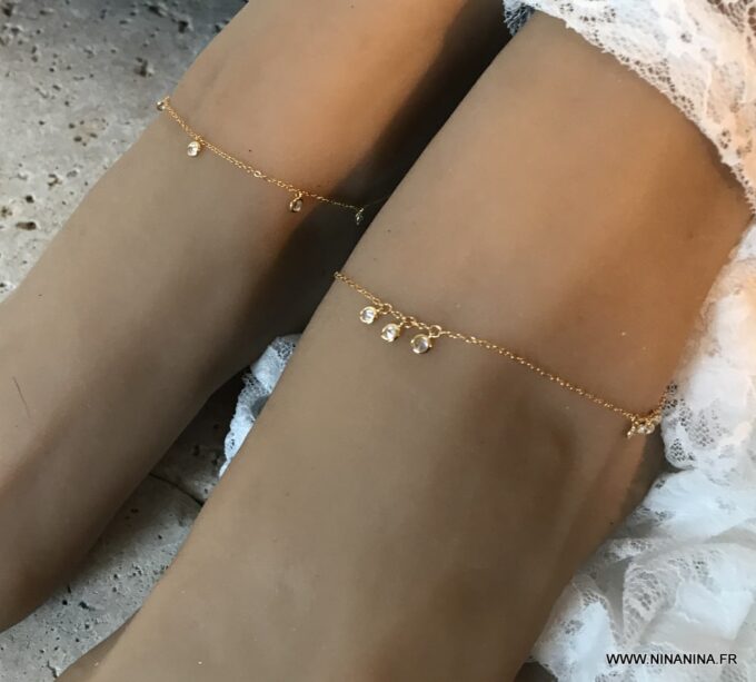 N6983g chaine de cheville oxyde de zirconium blanc argent 925 plaqué or femme - Bijoux Chaines en ligne Ninanina