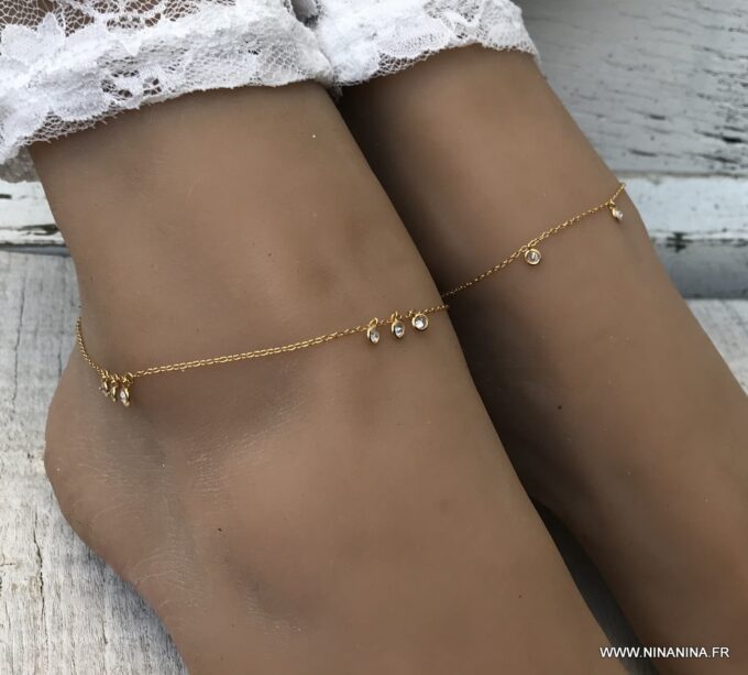 N6983j chaine de cheville oxyde de zirconium blanc argent 925 plaqué or femme - Bijoux Chaines en ligne Ninanina