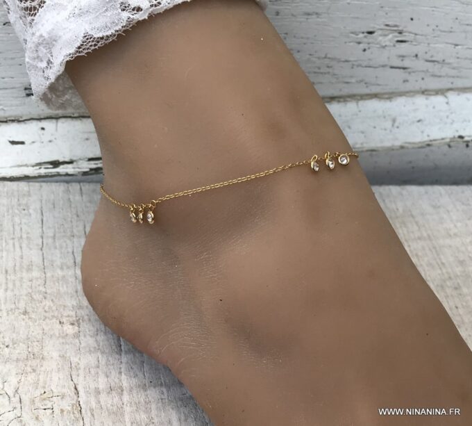 N6983k chaine de cheville oxyde de zirconium blanc argent 925 plaqué or femme - Bijoux Chaines en ligne Ninanina