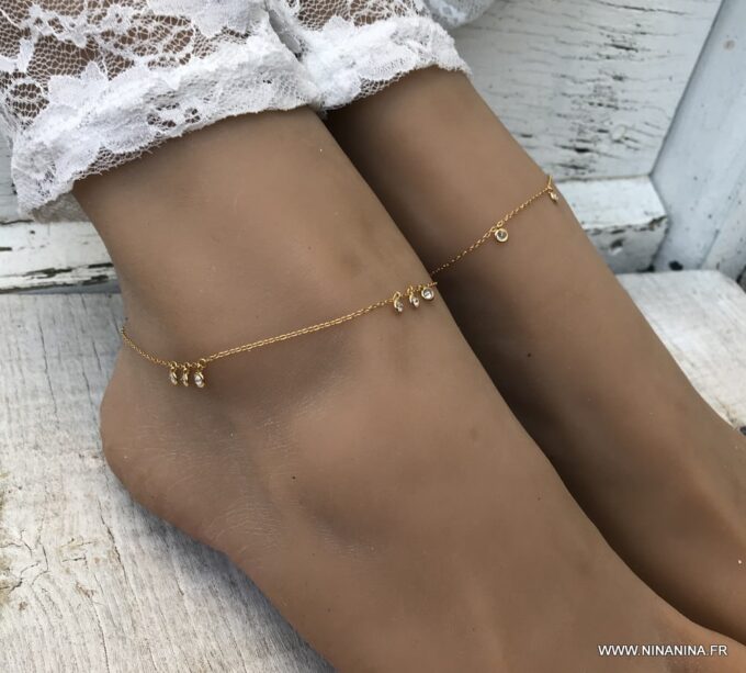 N6983l chaine de cheville oxyde de zirconium blanc argent 925 plaqué or femme - Bijoux Chaines en ligne Ninanina