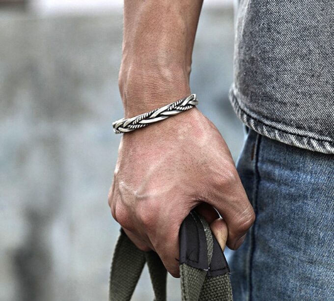 N6984 Bracelet homme tressé argent plaqué - jonc ouvert - Bijoux Bracelets en ligne Ninanina