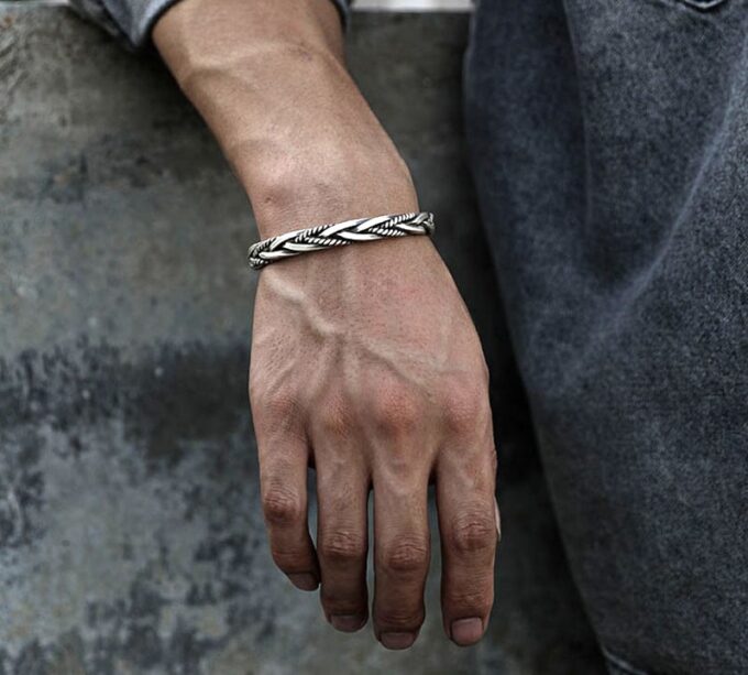 N6984D Bracelet homme tressé argent plaqué - jonc ouvert - Bijoux Bracelets en ligne Ninanina