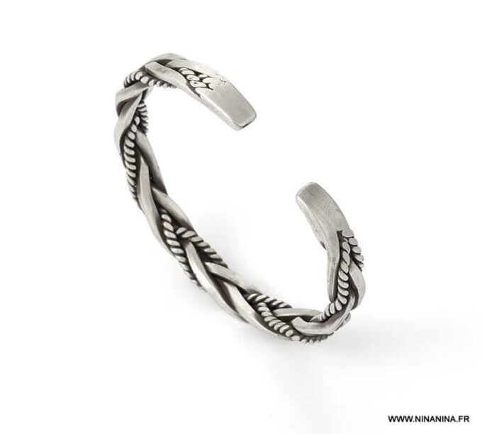N6984E Bracelet homme tressé argent plaqué - jonc ouvert - Bijoux Bracelets en ligne Ninanina