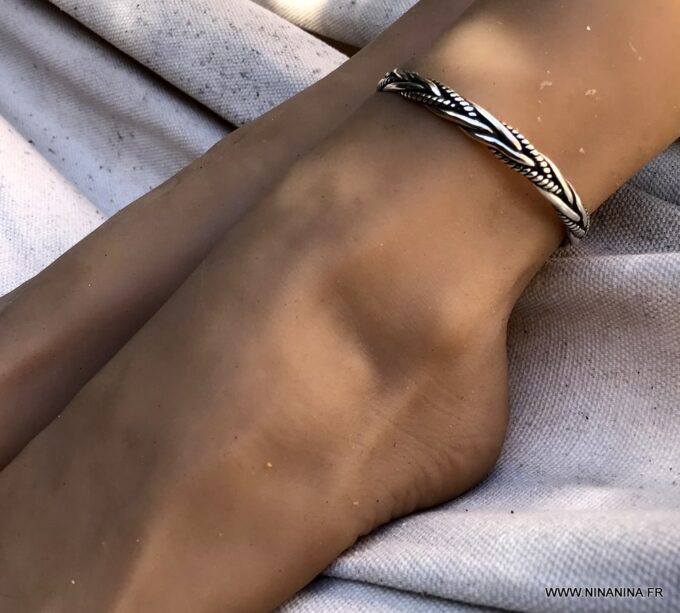 N6985f Bracelet de cheville large et rigide argent plaqué femme - Bijoux Bracelets en ligne Ninanina